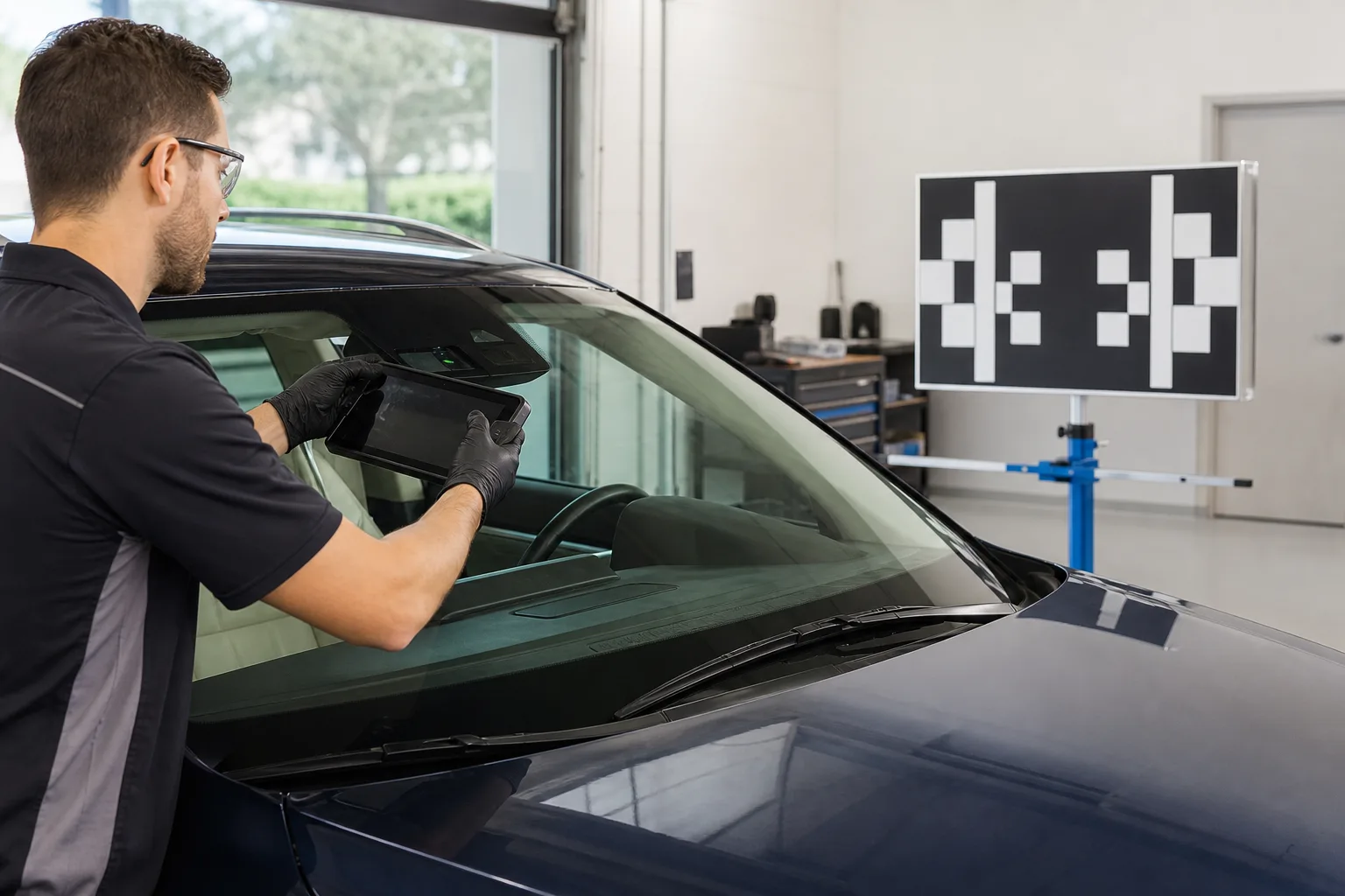 Technician performing an ADAS calibration check after windshield service