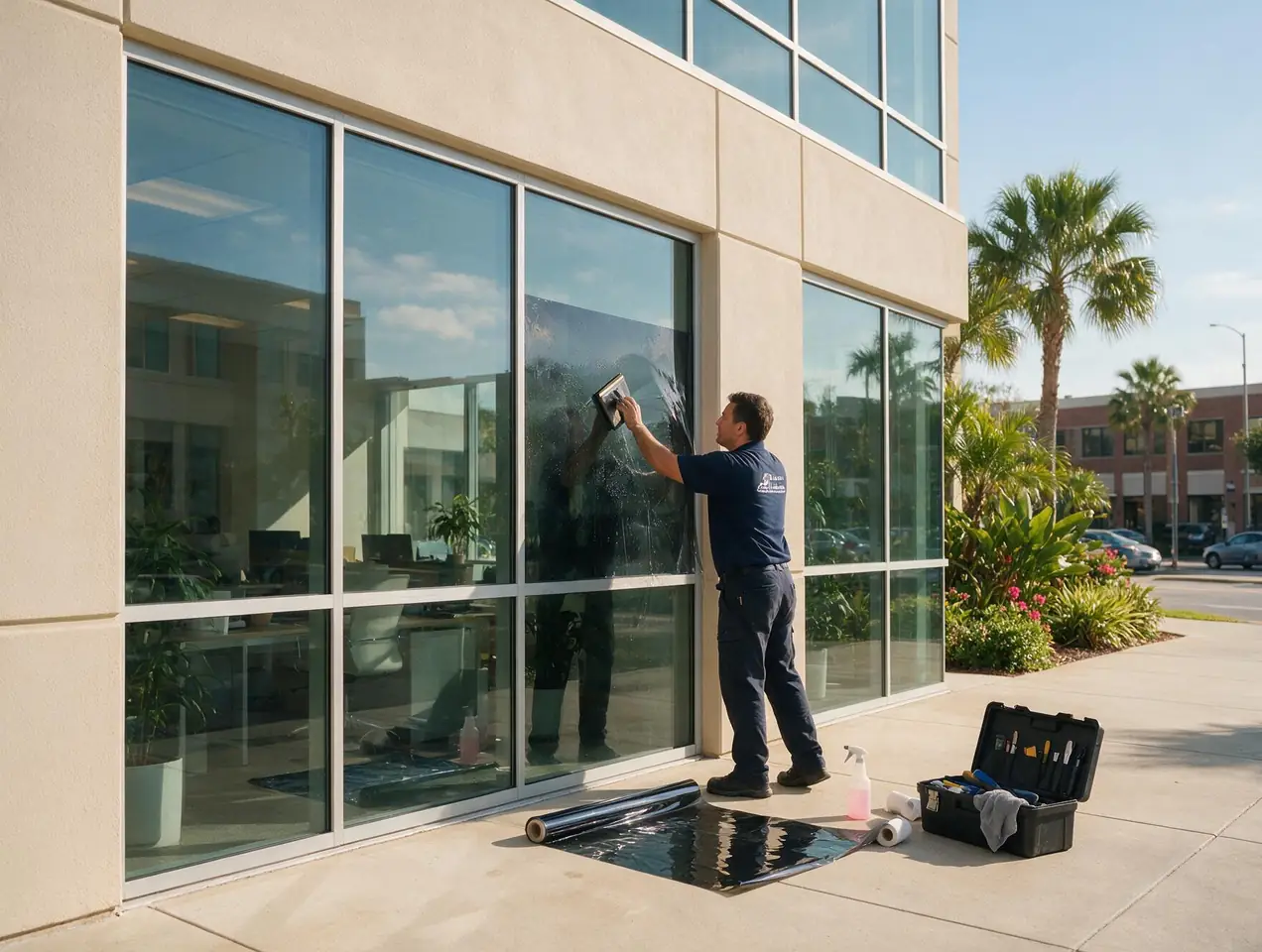 Technician applying window tint film to office building windows