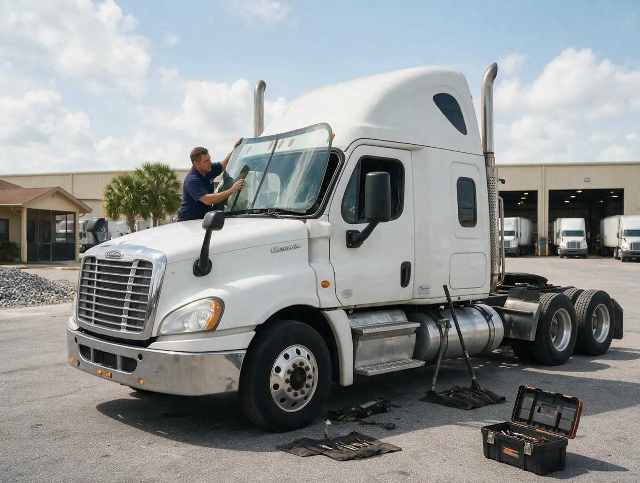 Technician replacing a commercial truck windshield at a yard